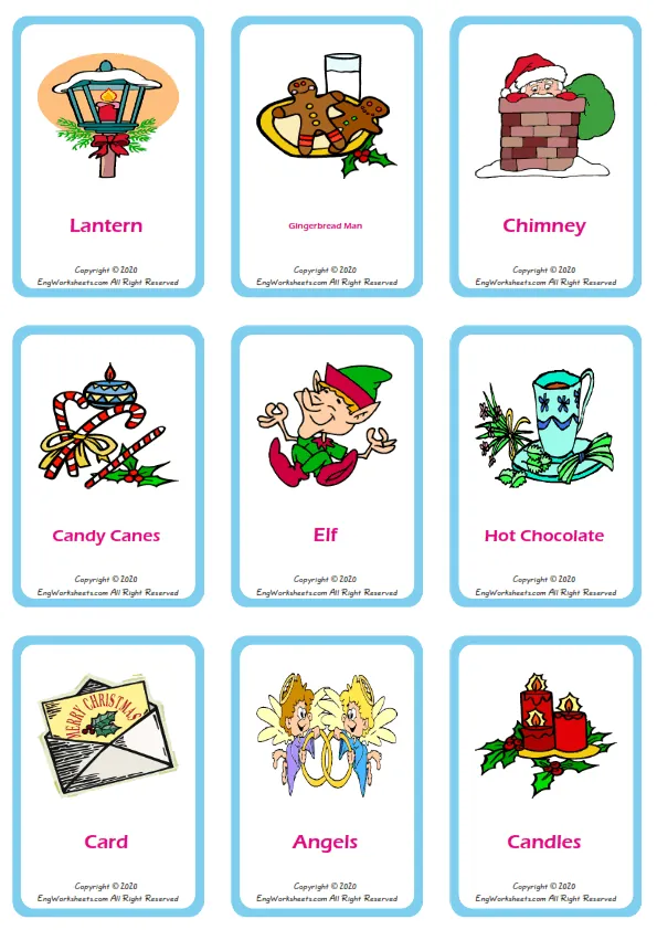 Christmas vocabulary worksheet with words, nine images per page