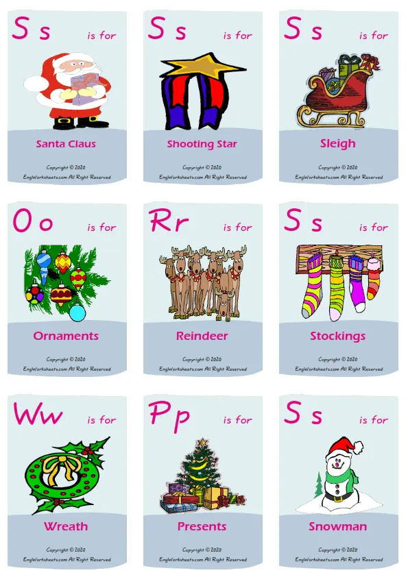 Christmas vocabulary worksheet with words, nine images per page