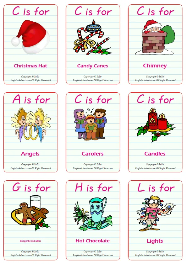 Christmas vocabulary worksheet with words, nine images per page