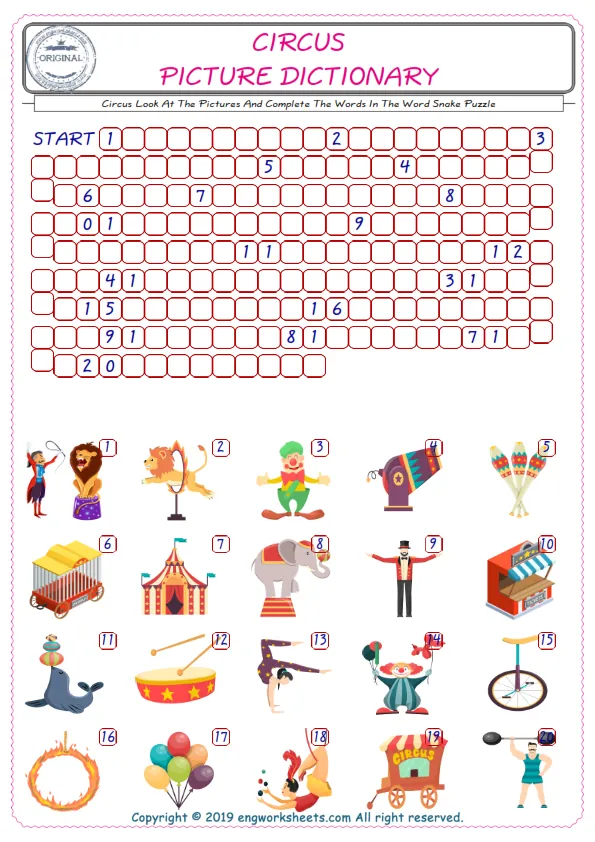 Check the Illustrations of Circus english worksheets for kids, and Supply the Missing Words in the Word Snake Puzzle ESL play.