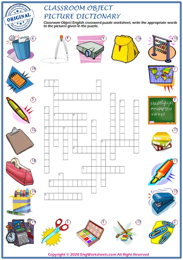 Classroom Objects English crossword puzzle worksheet, write the appropriate words to the pictures given in the puzzle.