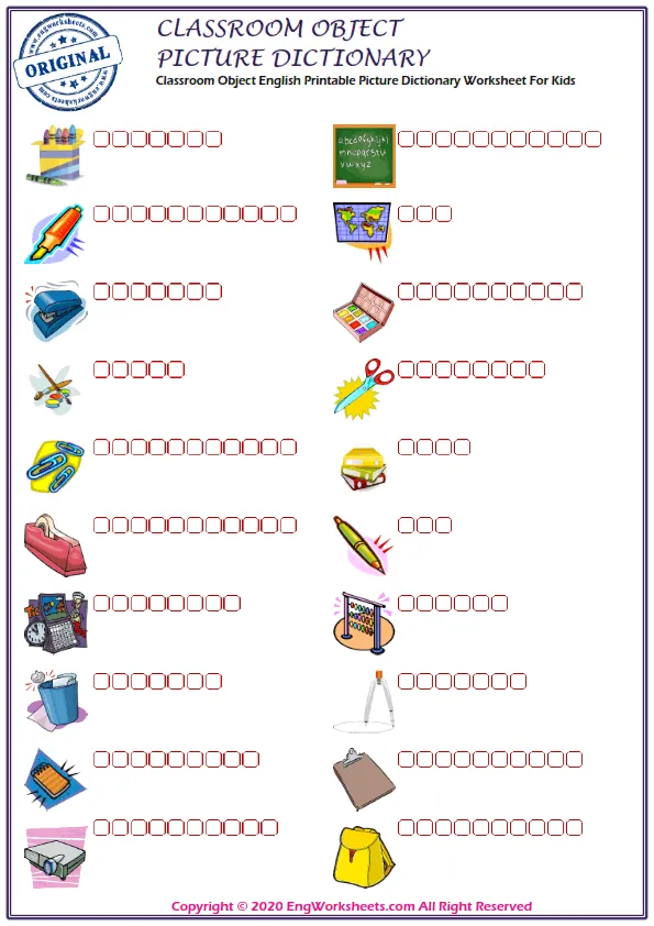 Classroom Objects English Printable Picture Dictionary Worksheet For Kids
