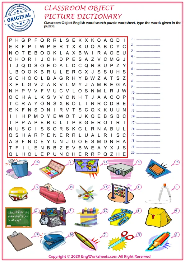 Classroom Objects English word search puzzle worksheet, type the words given in the puzzle.