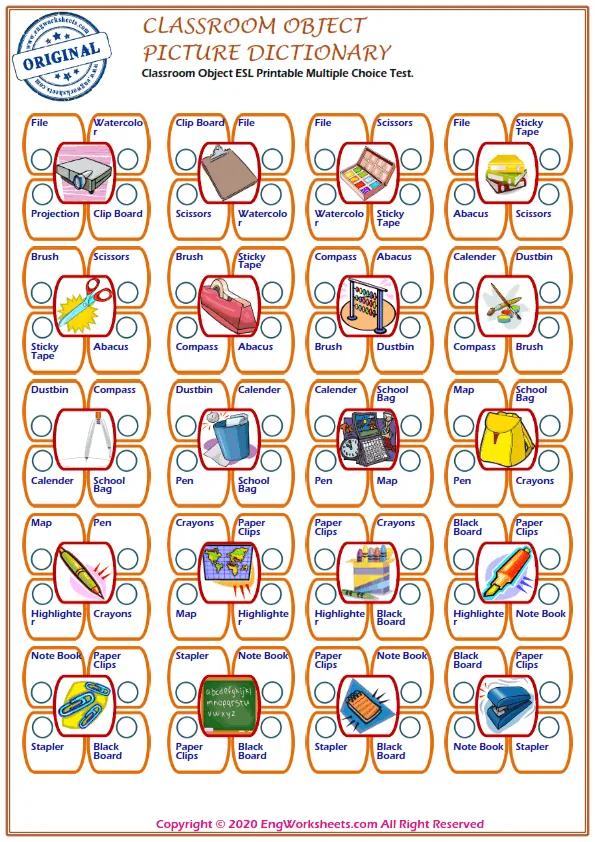 Classroom Objects ESL Printable Multiple Choice Test.