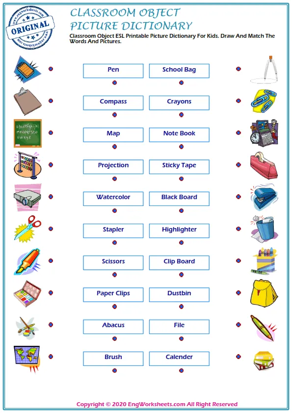 Classroom Objects ESL Printable Picture Dictionary For Kids. Draw And Match The Words And Pictures.