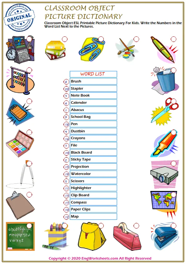 Classroom Objects ESL Printable Picture Dictionary For Kids. Write the Numbers in the Word List Next to the Pictures.