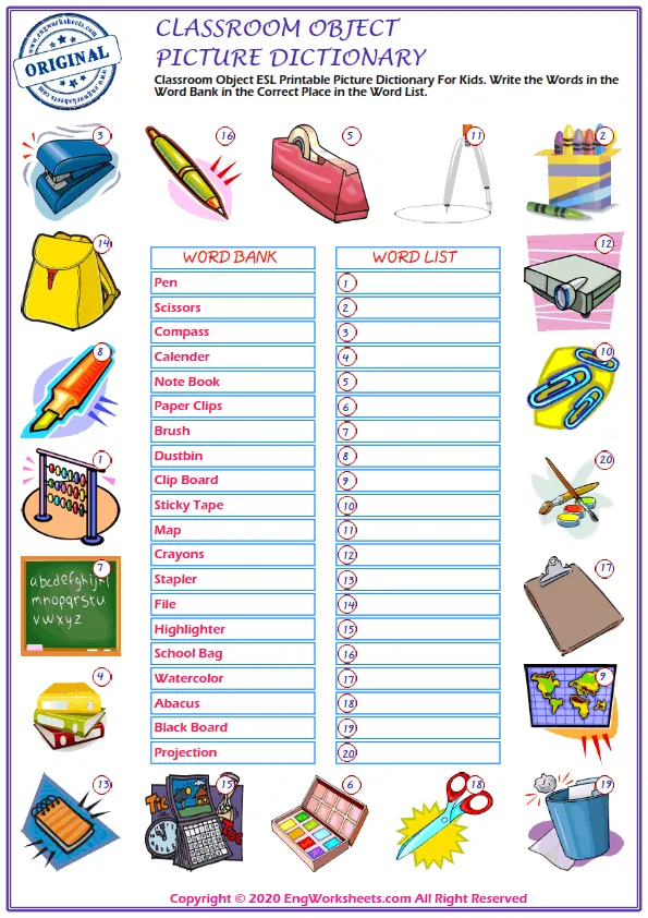 Classroom Objects ESL Printable Picture Dictionary For Kids. Write the Words in the Word Bank in the Correct Place in the Word List.