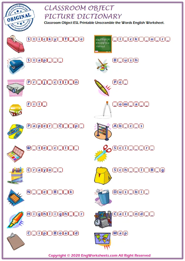 Classroom Objects ESL Printable Unscramble the Words English Worksheet.