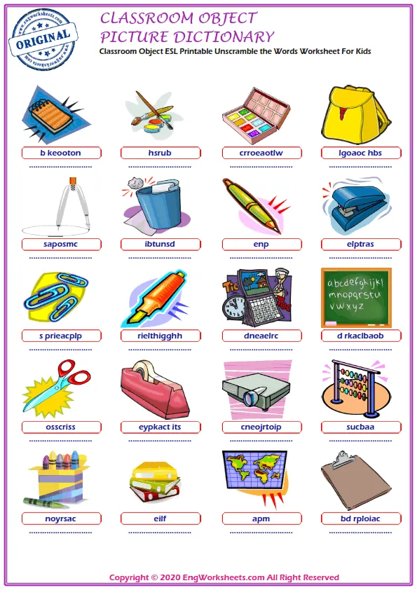 Classroom Objects ESL Printable Unscramble the Words Worksheet For Kids