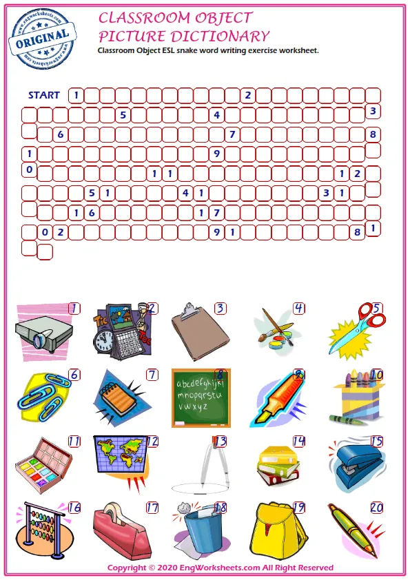 Classroom Objects ESL snake word writing exercise worksheet.