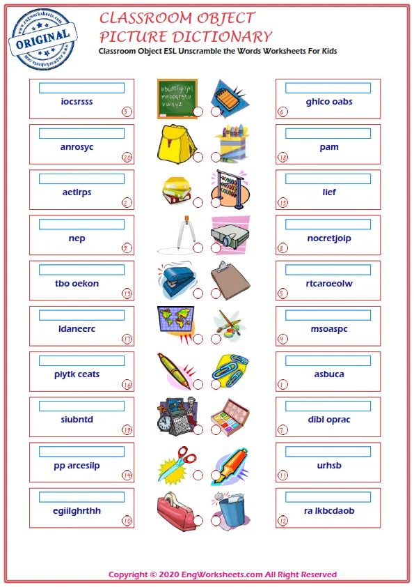 Classroom Objects ESL Unscramble the Words Worksheets For Kids