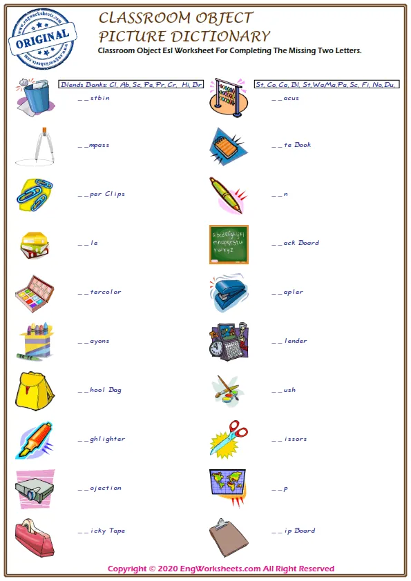 Classroom Objects Esl Worksheet For Completing The Missing Two Letters.