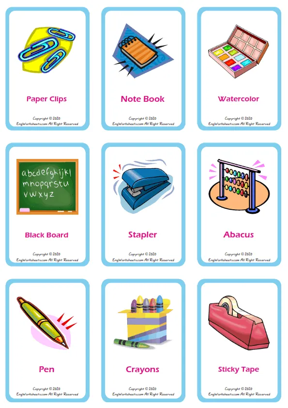 Classroom Objects vocabulary worksheet with words, nine images per page