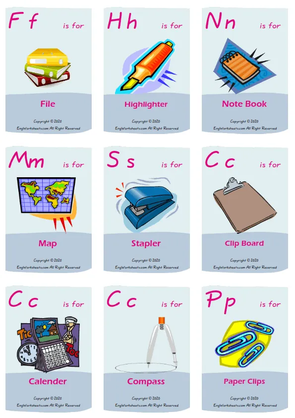 Classroom Objects vocabulary worksheet with words, nine images per page