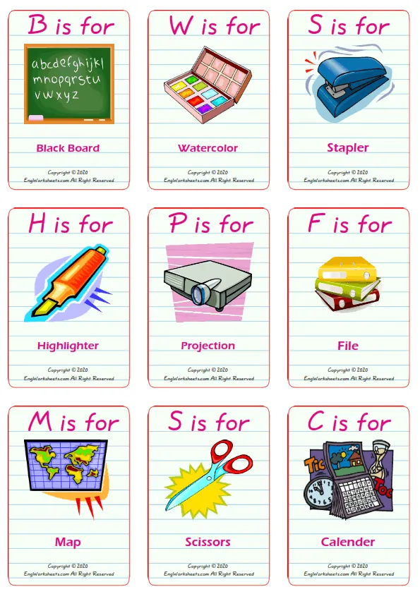 Classroom Objects vocabulary worksheet with words, nine images per page