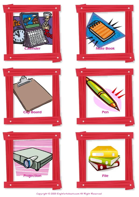 Classroom Objects vocabulary worksheet with words, six images per page