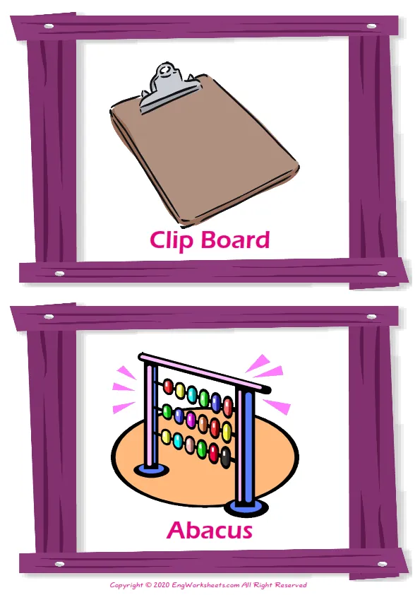 Classroom Objects vocabulary worksheet with words, two images per page