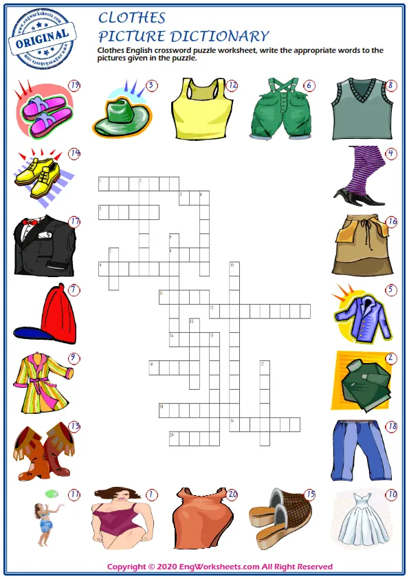 Clothes English crossword puzzle worksheet, write the appropriate words to the pictures given in the puzzle. Worksheet Preview