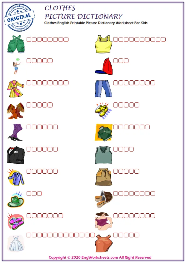 Clothes English Printable Picture Dictionary Worksheet For Kids Worksheet Preview