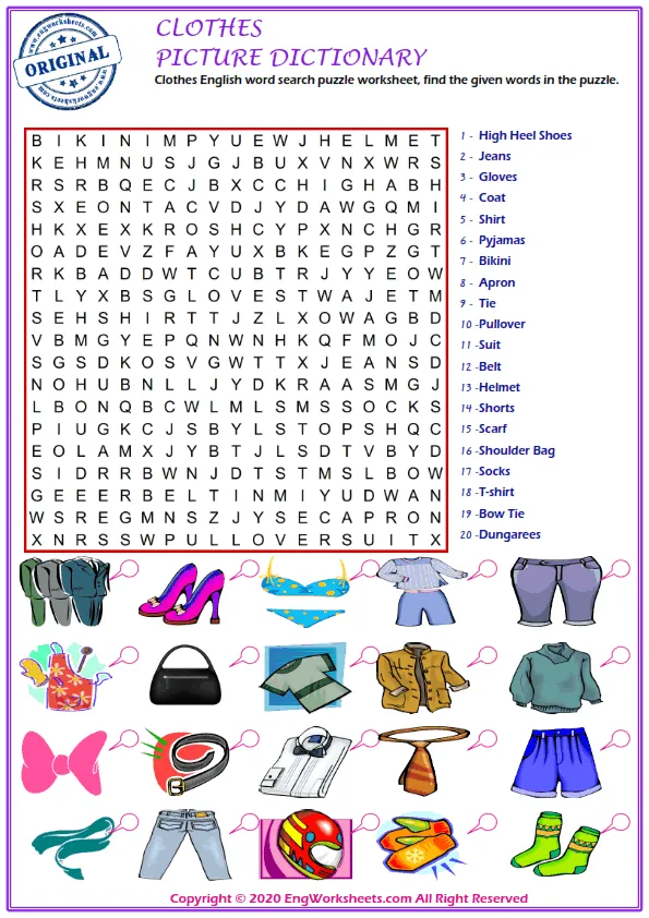Clothes English word search puzzle worksheet, find the given words in the puzzle.