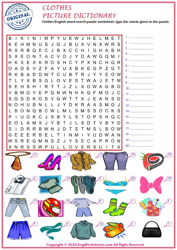 Clothes English word search puzzle worksheet, type the words given in the puzzle. Worksheet Preview