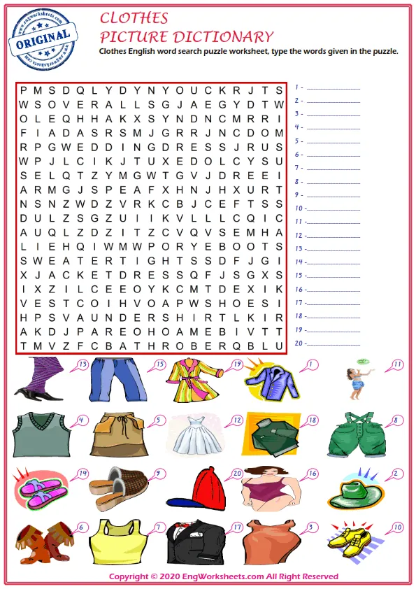 Clothes English word search puzzle worksheet, type the words given in the puzzle. Worksheet Preview