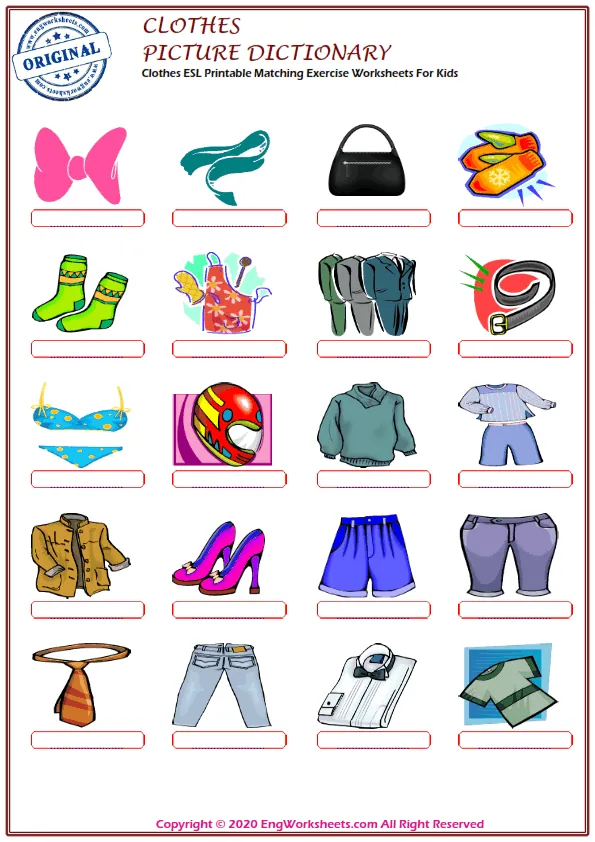 Clothes ESL Printable Matching Exercise Worksheets For Kids