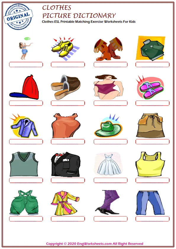 Clothes ESL Printable Matching Exercise Worksheets For Kids Worksheet Preview