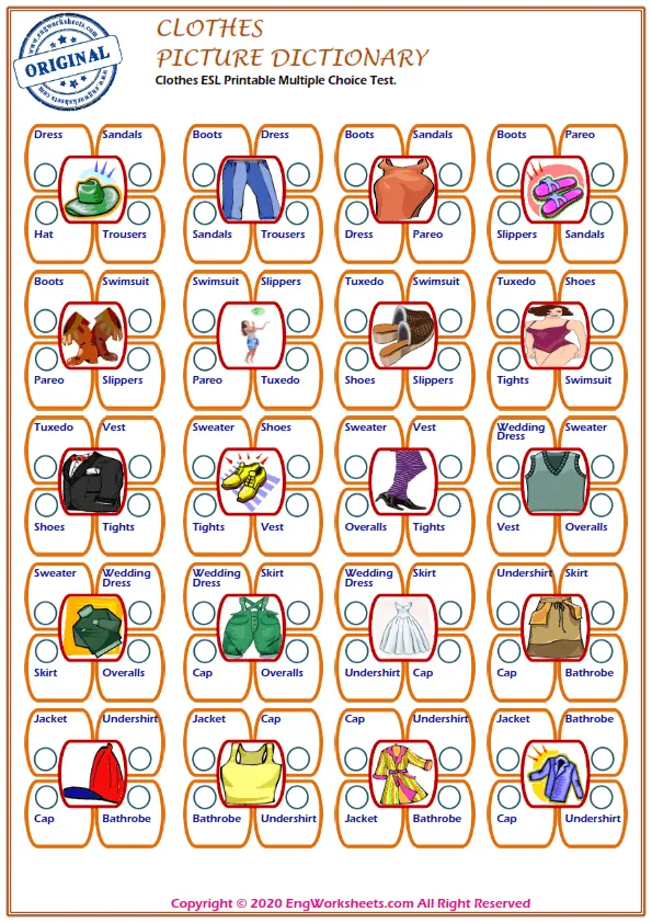 Clothes ESL Printable Multiple Choice Test. Worksheet Preview