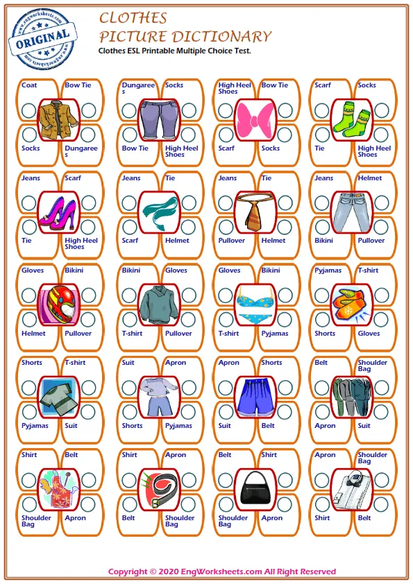 Clothes ESL Printable Multiple Choice Test.