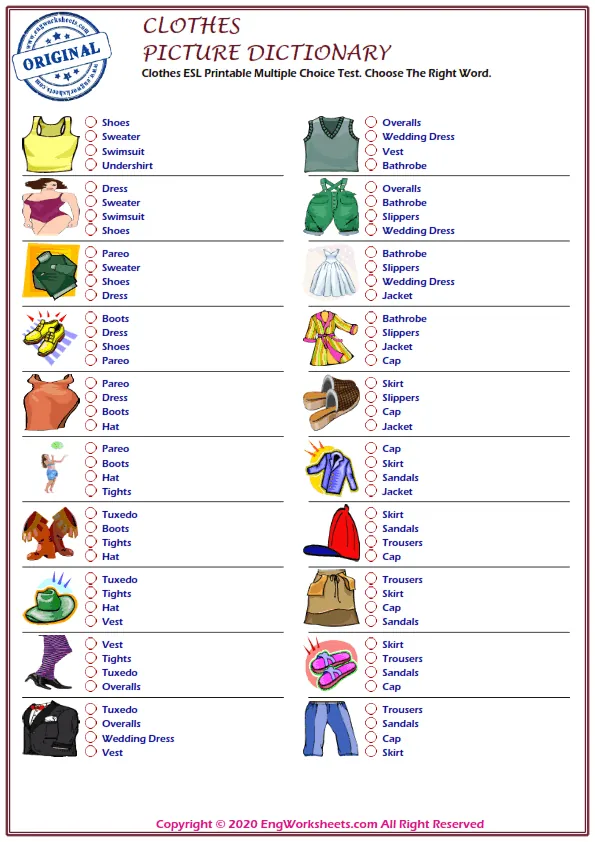 Clothes ESL Printable Multiple Choice Test. Choose The Right Word. Worksheet Preview
