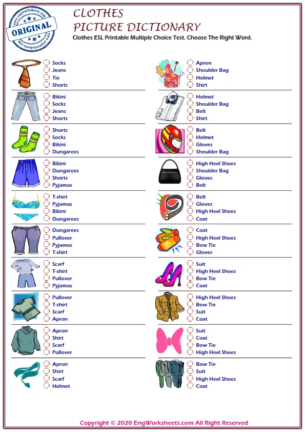 Clothes ESL Printable Multiple Choice Test. Choose The Right Word. Worksheet Preview