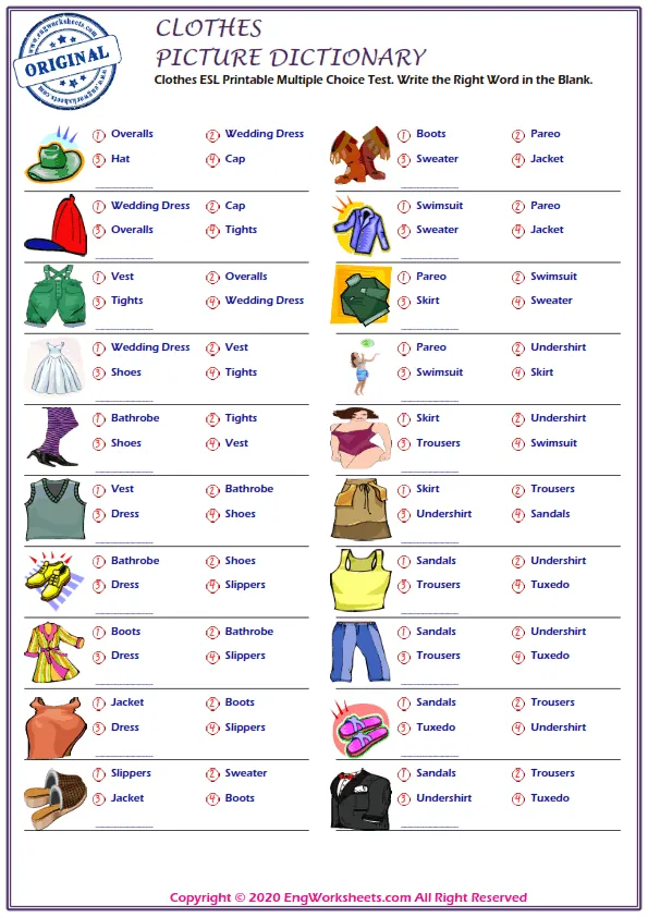 Clothes ESL Printable Multiple Choice Test. Write the Right Word in the Blank. Worksheet Preview