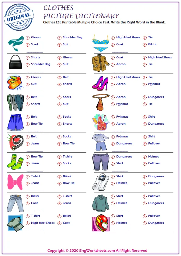 Clothes ESL Printable Multiple Choice Test. Write the Right Word in the Blank. Worksheet Preview