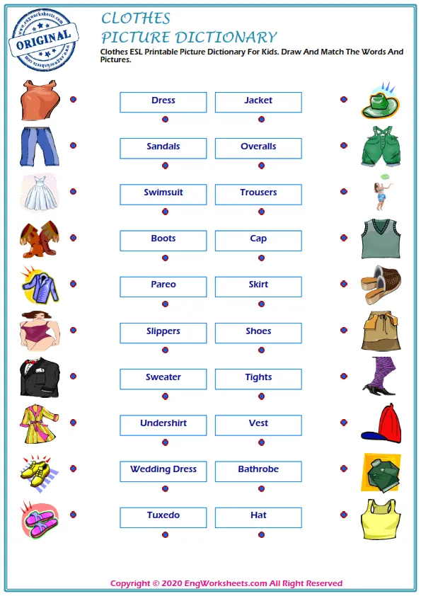 Clothes ESL Printable Picture Dictionary For Kids. Draw And Match The Words And Pictures. Worksheet Preview