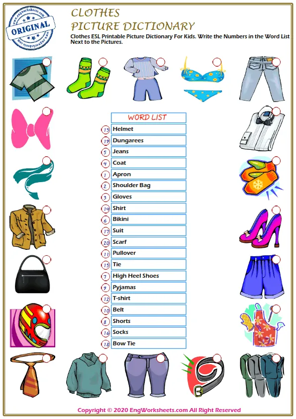Clothes ESL Printable Picture Dictionary For Kids. Write the Numbers in the Word List Next to the Pictures.