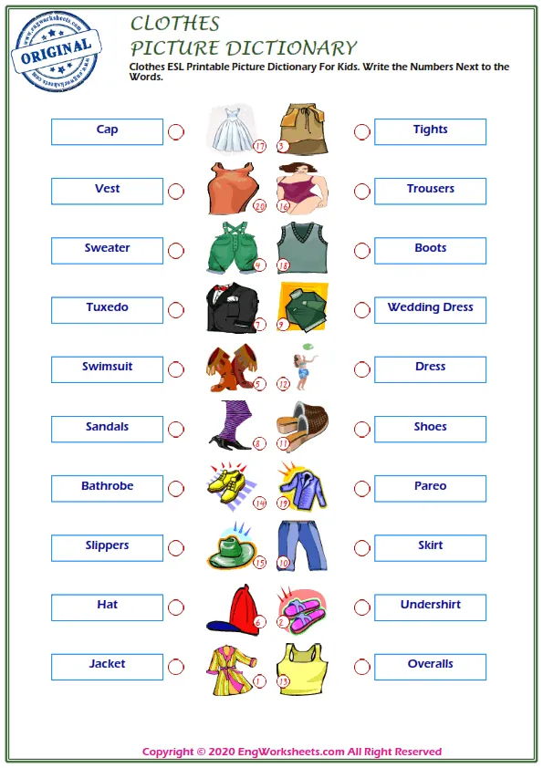 Clothes ESL Printable Picture Dictionary For Kids. Write the Numbers Next to the Words. Worksheet Preview
