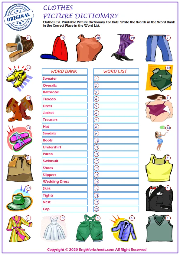 Clothes ESL Printable Picture Dictionary For Kids. Write the Words in the Word Bank in the Correct Place in the Word List. Worksheet Preview