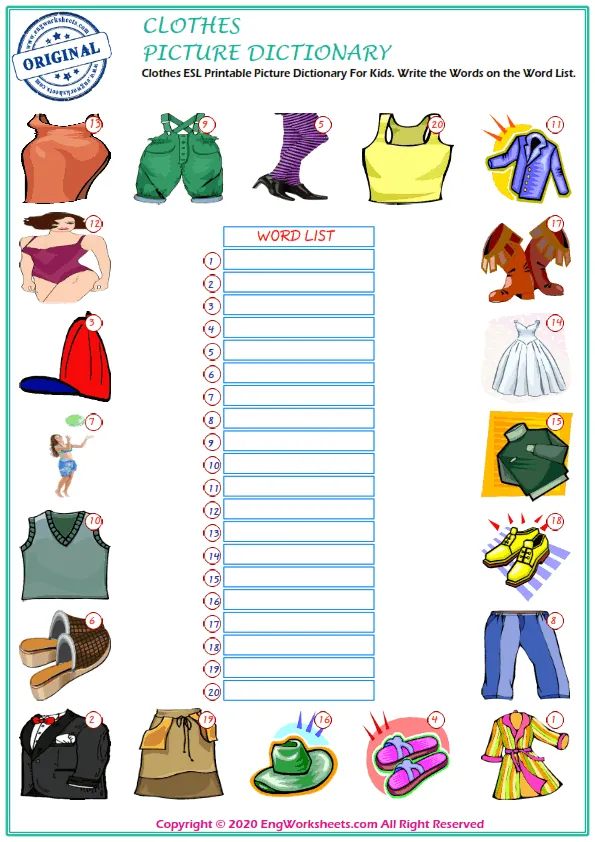 Clothes ESL Printable Picture Dictionary For Kids. Write the Words on the Word List. Worksheet Preview