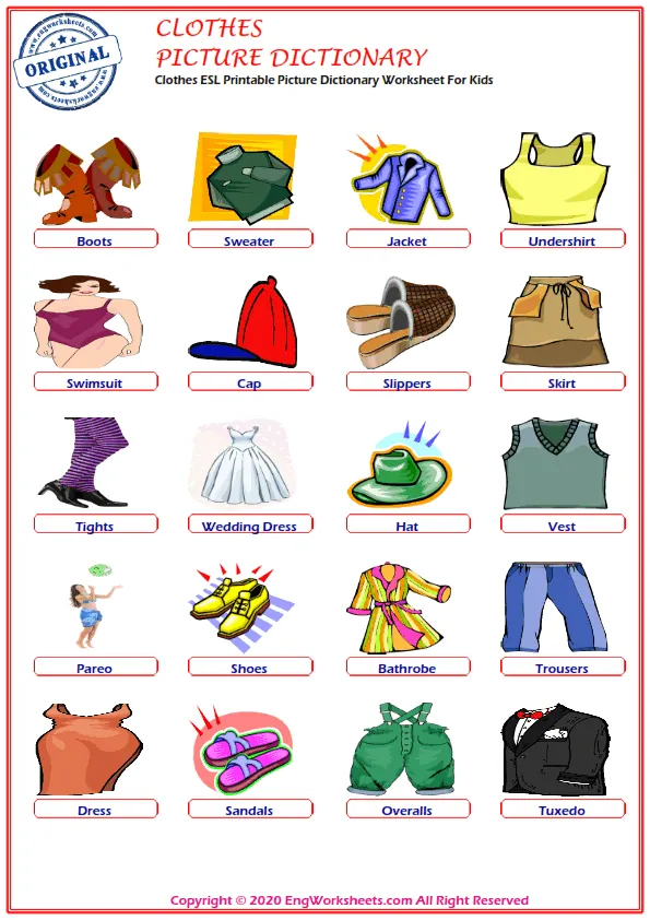 Clothes ESL Printable Picture Dictionary Worksheet For Kids Worksheet Preview