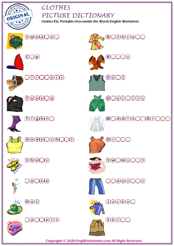 Clothes ESL Printable Unscramble the Words English Worksheet. Worksheet Preview