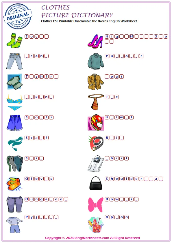 Clothes ESL Printable Unscramble the Words English Worksheet. Worksheet Preview