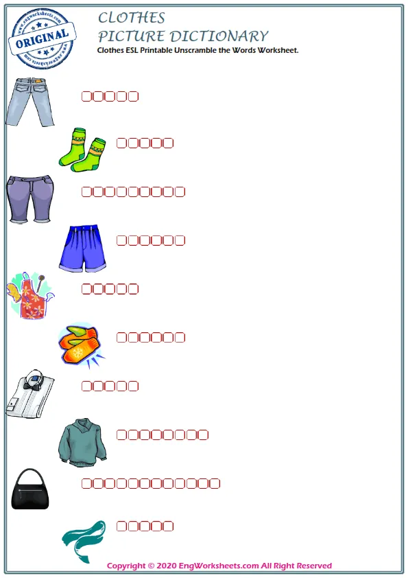 Clothes ESL Printable Unscramble the Words Worksheet.