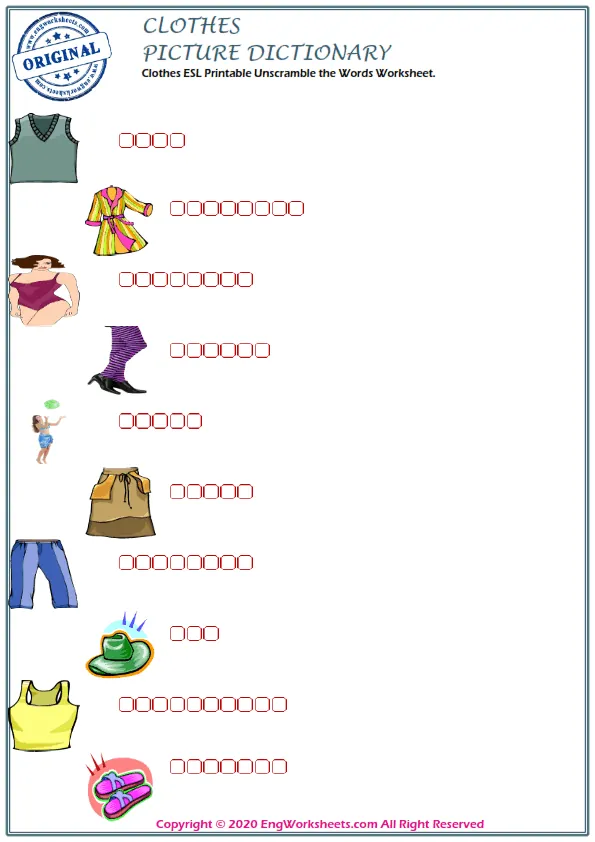 Clothes ESL Printable Unscramble the Words Worksheet.