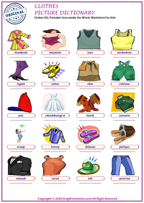 Clothes ESL Printable Unscramble the Words Worksheet For Kids