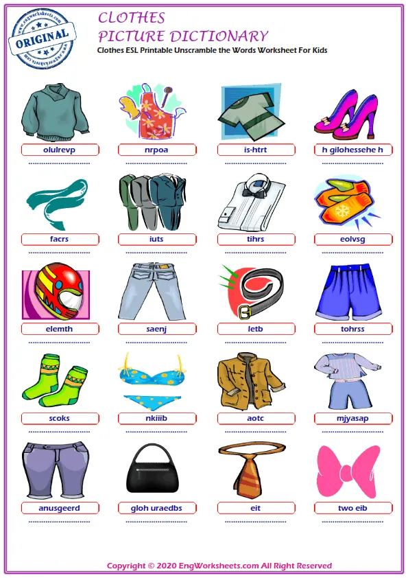Clothes ESL Printable Unscramble the Words Worksheet For Kids