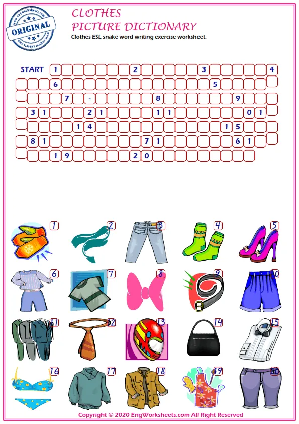 Clothes ESL snake word writing exercise worksheet.