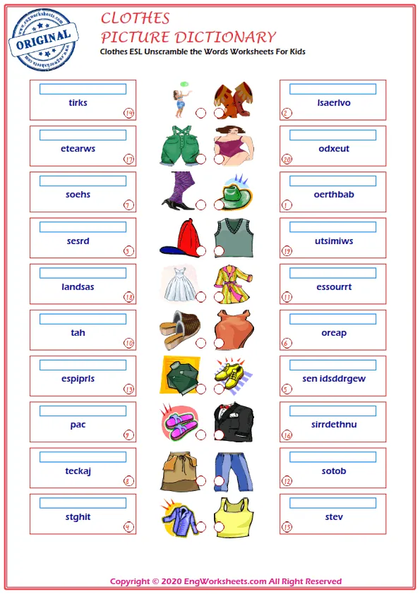 Clothes ESL Unscramble the Words Worksheets For Kids Worksheet Preview