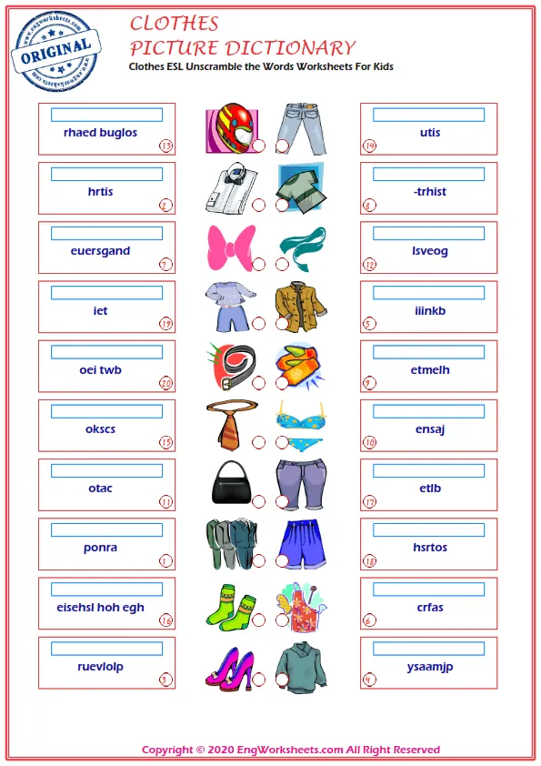 Clothes ESL Unscramble the Words Worksheets For Kids Worksheet Preview