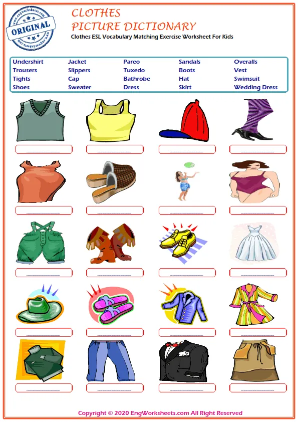 Clothes ESL Vocabulary Matching Exercise Worksheet For Kids Worksheet Preview